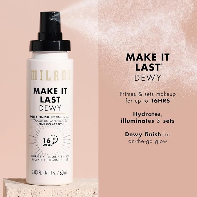 Milani Make It Dewy Setting Spray 3 in 1- Hydrate + Illuminate + Set & Make it Last Matte - Matte Finish Charcoal Setting Spray