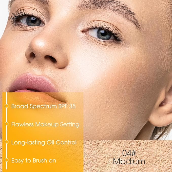 Mineral Powder Sunscreen Setting Makeup - SPF 35 Brush On Sunscreen for Face & Scalp & Hair, Natural Matte Loose Finishing Powder, Oil Control Lightweight Breathable (#04 Medium)