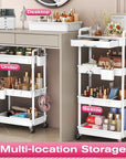Goovilla Rolling Makeup Organizer Cart with Removable Drawer, 3 Tier Stable White Floor Skincare Storage Cart for Vanity, Cosmetic Display, Nail Polish, Perfume, Hair Stuff, Beauty, Bathroom(Plastic)