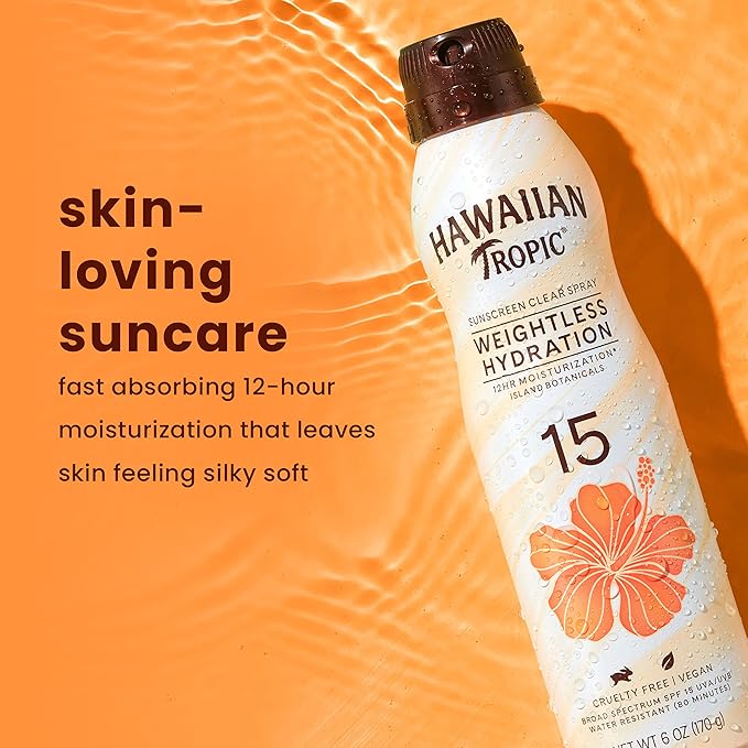 Hawaiian Tropic Weightless Hydration Clear Spray Sunscreen SPF 15 Twin Pack 6oz Each + Face Sunscreen Lotion SPF 30 Travel Size 1.7oz