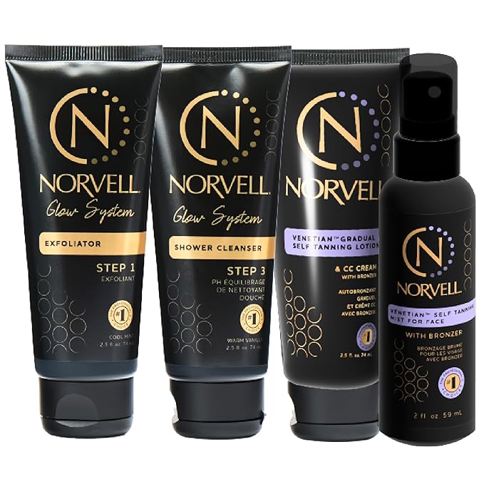 Norvell Venetian Self Tanner Maintenance Kit – Enhance Your Tan with Sunless Exfoliator 2.5 oz, Facial Tanning Mist 2 oz, pH Balancing Cleanser & Gradual Tanner 2.5 oz