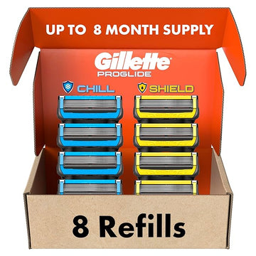 Gillette Mens Razor Blade Refills, 4 ProGlide Chill Cartridges, 4 ProGlide Shield Cartridges, Shields against Skin Irritation, Cools to sooth skin, 8 Count (Pack of 1)