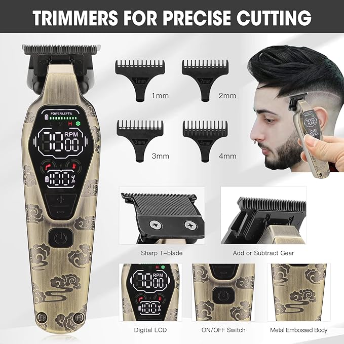 Professional Hair Clipper for Men - Cordless Clippers and Trimmers Set, Heavy-Duty Motor Hair Cutting Kits with LED Display, 7000RPM High-Power Motor, USB Charging, Gifts for Men, Bronze