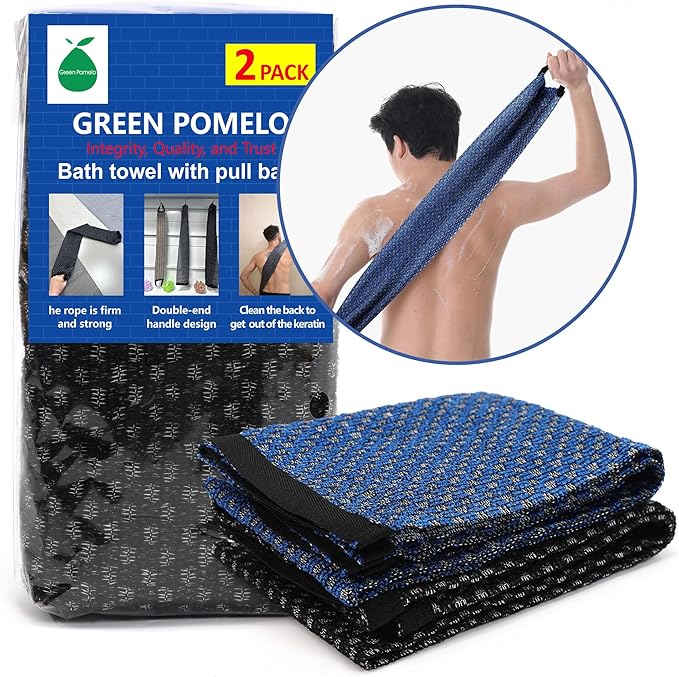 Japanese-style exfoliating bath towel and towel set (2 pieces) - loofah, durable and quick-drying, extra-long design, skin-friendly material, mesh design, suitable for all skin types - 1 blue, 1 black