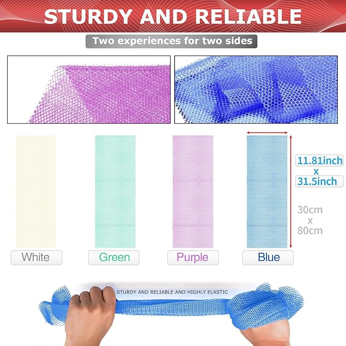 4 Pieces Exfoliating Washcloth Shower Towel African Net Sponge Japanese Wash Cloth Face Exfoliating Sponge Loofah Exfoliating Body Scrubber for Body Exfoliation (Blue, Green, Purple, White)
