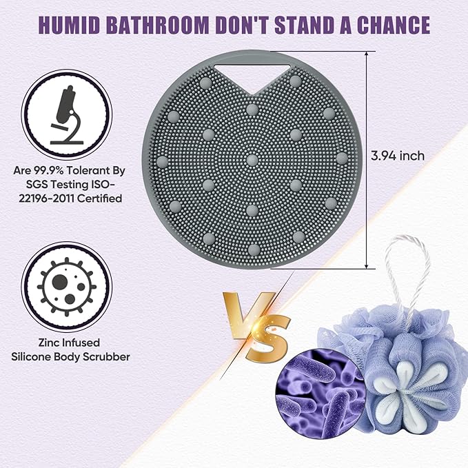 Lymphatic Drainage Silicone Body Scrubber for Shower - Exfoliating Silicone Loofah with Zinc Infused and Stiff Massage Nodes，for Improving Skin Health and Reduces Acne -Dark Gray
