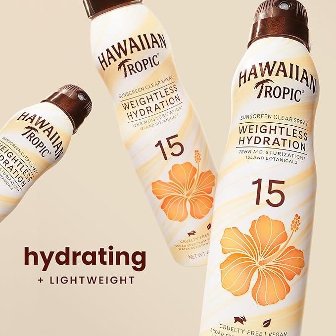 Hawaiian Tropic Weightless Hydration Clear Spray Sunscreen SPF 15, 6oz Twin Pack | Hawaiian Tropic Sunblock, Oxybenzone Free Spray Sunscreen Pack, 6oz each