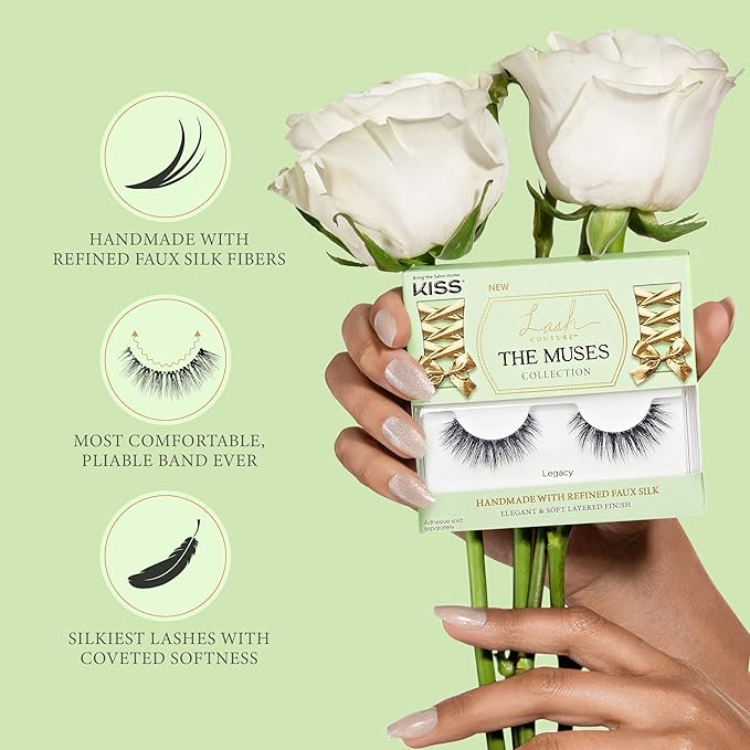 KISS Lash Couture The Muses Collection False Eyelashes, Legacy', 12 mm, Handmade, Refined Faux Silk, Contact Lens Friendly, Easy to Apply, Includes 1 Pair Reusable Strip Lashes (Pack of 2)