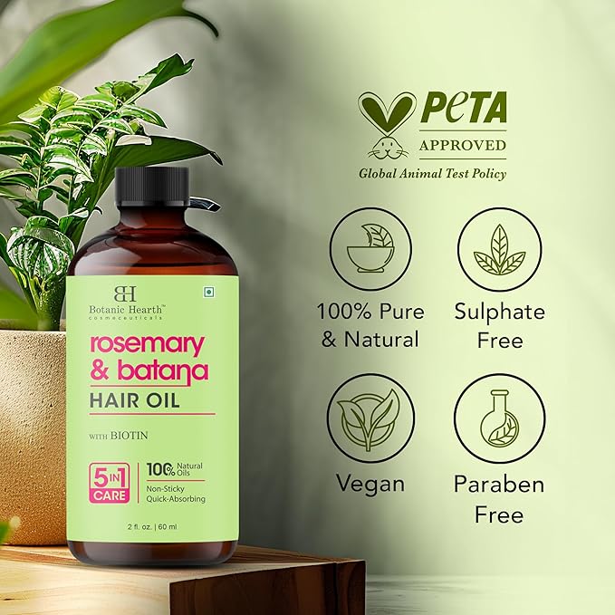 Botanic Hearth 100% Pure Rosemary Batana Oil For Hair Growth | Infused with Biotin, Jojoba & Castor Oil | Hair Oil Repairs Dry Damaged Hair, Strengthening, Healthier - Hair Tonic, 2.0 fl oz