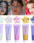Face Body Glitter, Hair Glitter Sparkles Chunky Face Glitter Gel for Girls Makeup Singer Concerts Mermaid Festival Sequins Face Paint (White+Silver+Pink+Gold+Blue)