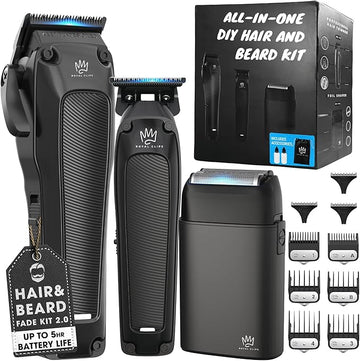 Royal Clips Hair and Beard Fade Kit 2.0 – Professional Clipper, Trimmer & Foil Shaver Bundle for Men, Complete Haircut Set for Barbers, Home Use & Grooming – 5-Hour Battery, 10pcs Limit Combs - Black