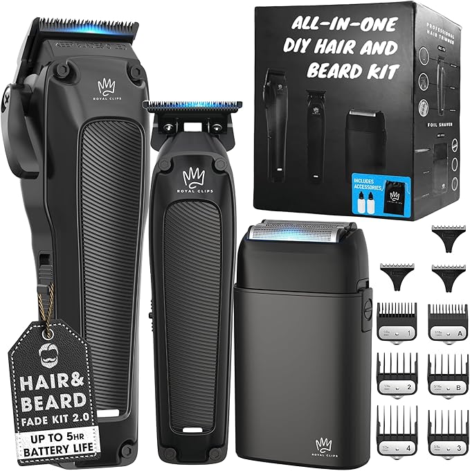 Royal Clips Hair and Beard Fade Kit 2.0 – Professional Clipper, Trimmer & Foil Shaver Bundle for Men, Complete Haircut Set for Barbers, Home Use & Grooming – 5-Hour Battery, 10pcs Limit Combs - Black