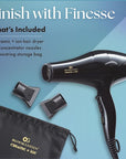 Olivia Garden 1875W Ceramic + Ion Professional Hair Dryer for Men and Women - Fast Drying Blow Dryer - Powerful Ionic Generator - 3 Heat Settings - with 2 Nozzles and Storage Bag - (Black/Gold)