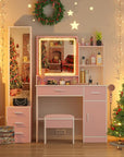INTERGREAT Light Pink Makeup Vanity Desk with Lights and Full-Length Mirror,Pink Vanity Set with Power Outlet,Dressing Table with 6 Drawers,Large Vanity Desk for Women and Girls' Bedroom