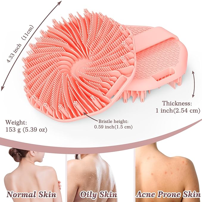ManmiHealth Silicone Body Scrubber Shower Brush, Upgrade Super-Exfoliating Shower Scrubber with Non-Slip Hand Strap for All Skin Types, Silicone Body Buffer for Use in Shower with a Free Hook (Pink)