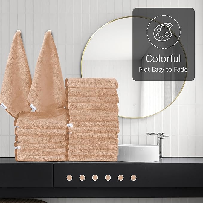 Cosy Family 24 Pack Soft Washcloths Set - 12 x 12 inches, Quick Drying - Highly Absorbent Coral Velvet Fingertip Towel Bathroom Wash Clothes for Bath, Spa, Facial, Kitchen - Brown
