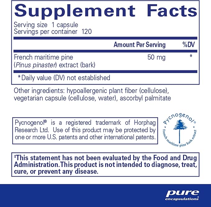 Pure Encapsulations Pycnogenol (Pine Bark Extract) 50 mg | Hypoallergenic Supplement to Support Cognitive Function and Cardiovascular Health | 120 Capsules