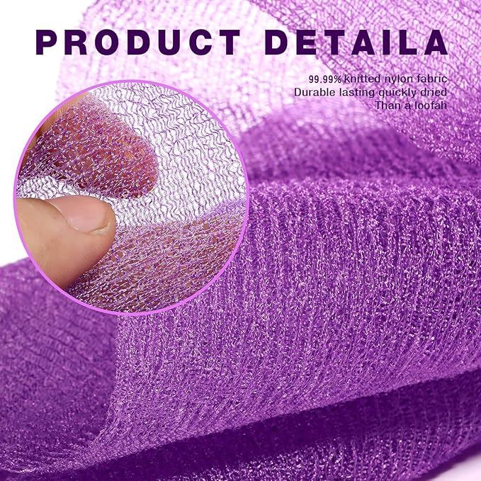 3 Pieces Exfoliating Washcloth Shower Towel African Net Sponge Japanese Wash Cloth Face Exfoliating Sponge Loofah Exfoliating Body Scrubber for Body Exfoliation (Purple,Blue,Green)