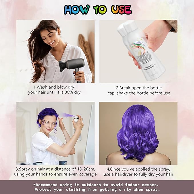 Purple Temporary Hair Color Spray - Gentle Formula, Washable & Non-Sticky | Instant Hair Dye Alternative for Adults | Halloween, Costume, Party Makeup, 150ml