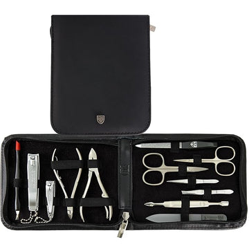 3 Swords Germany - brand quality 12 piece manicure pedicure grooming kit set for professional finger & toe nail care with black genuine leather case - Made in Germany