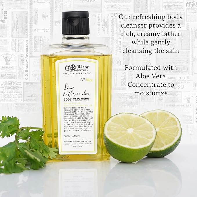 C.O. Bigelow Lime Coriander Body Cleanser, Village Perfumer Moisturizing Body Wash for Men & Women with Aloe Vera, Sodium PCA, and Glycerin, 10 fl oz
