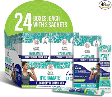 GuruNanda Hydramate Hydration Support Drink Mix - Electrolyte Powder Packets for Dehydration, Exercise & Energy - No Added Sweeteners, Non-GMO, Natural Lemon Lime Flavor - 48 Count (0.56 oz each)