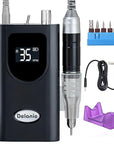 Delanie Professional Nail Drill High Torque 35000 RPM Rechargeable Portable Electric Nail File Filer for Acrylic Gel with Cuticle Bits, Salon Manicure Tool, Black