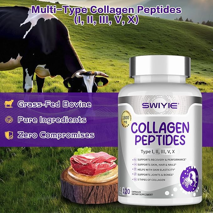 Multi Collagen Peptides Capsules 1800mg, Hydrolyzed Collagen Supplements for Women & Men with Types I, II, III, V & X, Collagen Protein Supports Skin Nails Bones & Joints | 120 Count