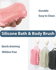 MtBoi Double-Sided Exfoliating Silicone Body Scrubber, 2-in-1 Bath Scrubber, Shampoo Brush, Silicone Loofah for All Skin Types, Shower Body Scrubber, Easy to Clean, Lather Well (Black)