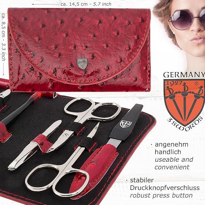 3 Swords Germany - brand quality 7 piece manicure pedicure kit set - nail care tools by 3 Swords - red ostrich optic