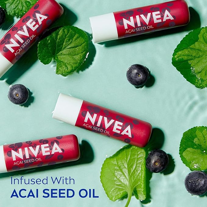 NIVEA Vegan Lip Care Variety Pack, Acai Seed Oil and Hemp Seed Oil with Shea Butter Lip Balm Sticks, 0.17 Oz Stick, Pack of 4