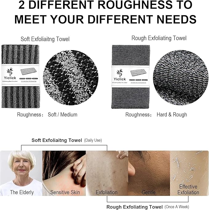 Yiclick Exfoliating Body Scrubber, Back Scrubber for Shower Bath, Japanese Scrub Wash Cloth, Exfoliating Washcloth Towel for Men Women, Body Exfoliator Loofah Luffa Sponge Net Rag Back Washer (Black)
