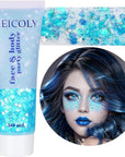 MEICOLY Light Blue Body Glitter,Mermaid Princess Face Glitter Gel,Ice Blue Glitter Face Paint for Halloween,Frozen Birthday Party Decorations,Chunky Glitter for Eye Lip Hair,Festival Rave Glitter Gel