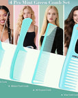 SALONSILK Mint Green 4PCS Professional Comb Set, Wide Tooth Rat Tail Fine Tooth Hair Combs, Braiding Cutting Barber Styling Curly Parting Set for Men and Women