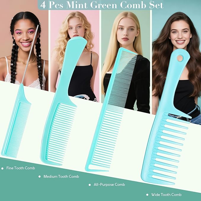 SALONSILK Mint Green 4PCS Professional Comb Set, Wide Tooth Rat Tail Fine Tooth Hair Combs, Braiding Cutting Barber Styling Curly Parting Set for Men and Women