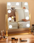 Gold Hollywood Vanity Mirror with Lights, 9 Dimmable Bulbs, 3 Color Lights,Make Up Lighted Mirror, 10x Magnification 360°Rotation(12" x 14")