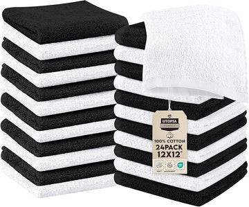Utopia Towels 24 Pack Cotton Washcloths Set, 100% Ring Spun Cotton, Premium Quality Flannel Face Cloths, Highly Absorbent and Soft Feel Fingertip Towels, Black, White