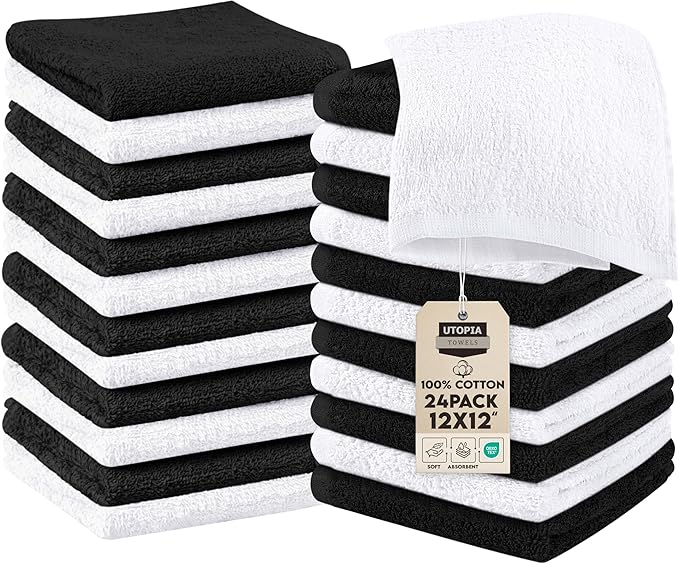 Utopia Towels 24 Pack Cotton Washcloths Set, 100% Ring Spun Cotton, Premium Quality Flannel Face Cloths, Highly Absorbent and Soft Feel Fingertip Towels, Black, White
