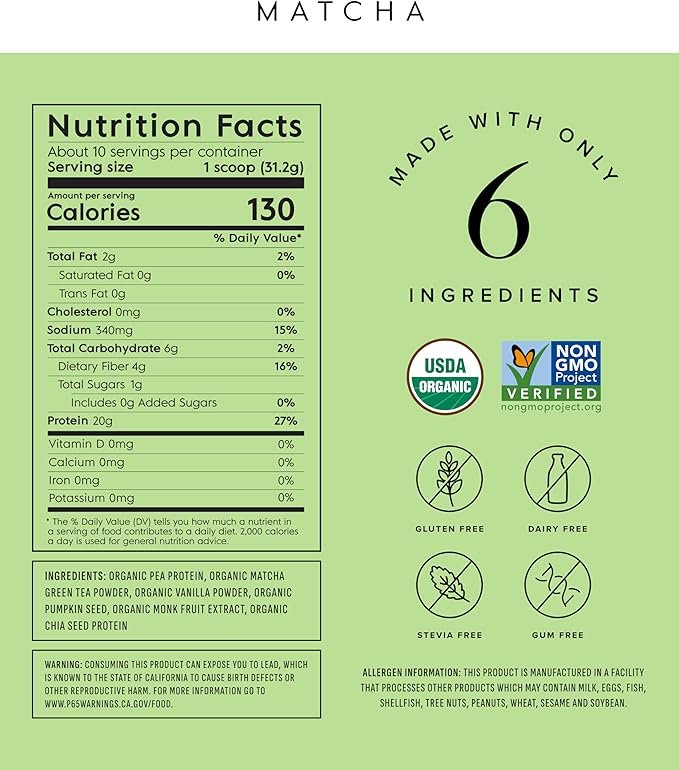 Truvani Vegan Pea Protein Powder | Matcha | 20g Organic Plant Based Protein | 10 Servings | Keto | Gluten & Dairy Free | Low Carb | No Added Sugar