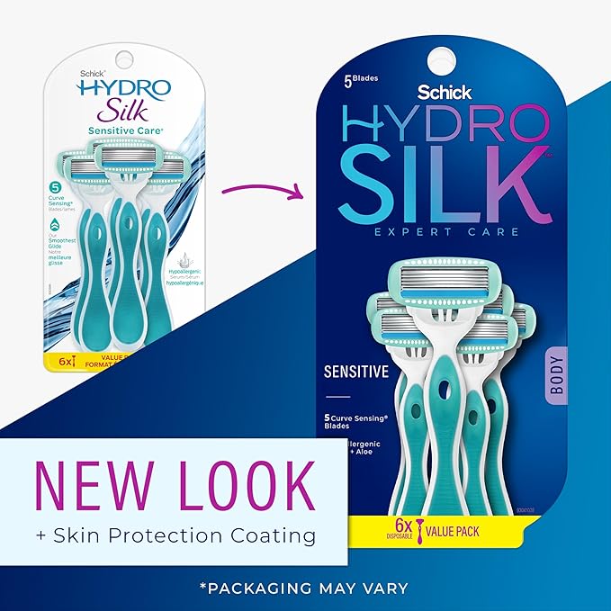 Schick Hydro Silk Sensitive Skin Disposable Razors for Womens, 6 Count (Pack of 2)