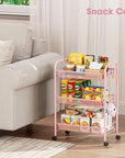 TOOLF 3 Tier Rolling Utility Cart - Durable Metal Design Pink Utility Cart, Storage Trolley on Wheels with 3 Hooks, Perfect for Kitchen, Bathroom & Laundry Room Organization