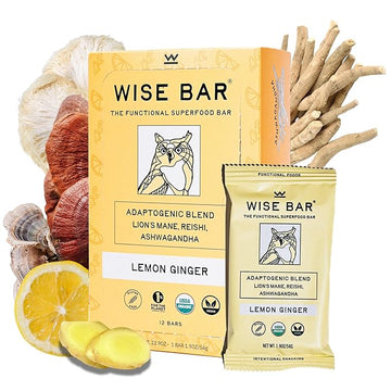 Wise Bar Adaptogen Mushroom Nutrition Bars | Lemon Ginger Flavor | 12 Count | Functional Mushrooms and Adaptogens Bar | Organic Nutrition Energy Bars, Vegan, Gluten Free