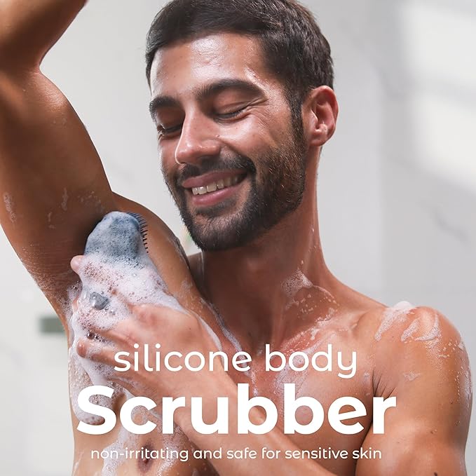 MainBasics Silicone Body Scrubber – Dual-Sided Shower Exfoliator for Men & Women, Gentle Silicone Loofah Alternative for Deep Clean (Dark Blue, Exfoliate)