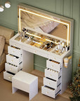 11 Drawers Glass Top Vanity Desk with Chair, Crystal Handles Makeup Vanity with Mirror and Lights, Dressing Table with Power Outlet, Adjustable Lighting Modes, White