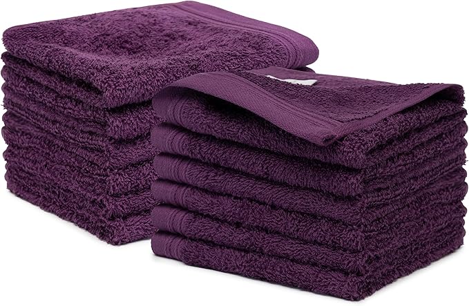 100% Cotton Washcloths Set 13” x 13” | Plum Towels | Set of 12 Ultra Soft and Highly Absorbent Washcloths Sets for Bathroom, Gym, Hotel, Spa | Machine Washable Face Towel