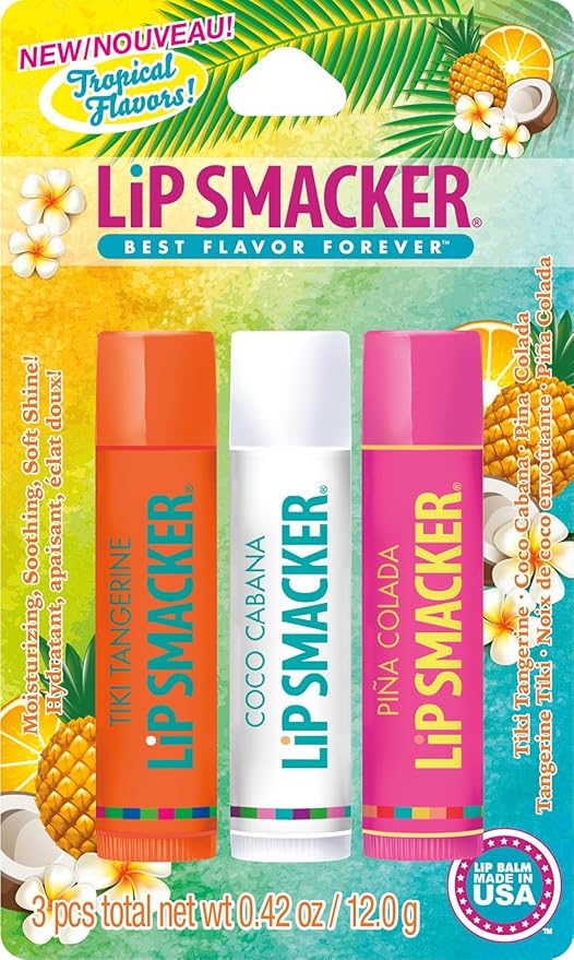 Lip Smackers Flavored Lip Balm Tropical Fever - Moisturizing, Soothing Trio Tiki Tangerine, Coco Cabana, & Pina Colada