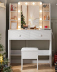 Haewon Makeup Vanity Desk with Mirror, 10 LED Lights and Charging Station, White Vanity with Adjustable Lighting, Dressing Table Set with Storage Chair Drawers Shelves for Bedroom