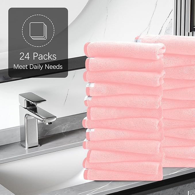 Cosy Family 24 Pack Soft Washcloths Set - 12 x 12 inches, Quick Drying - Highly Absorbent Coral Velvet Fingertip Towel Bathroom Wash Clothes for Bath, Spa, Facial, Kitchen - Pink