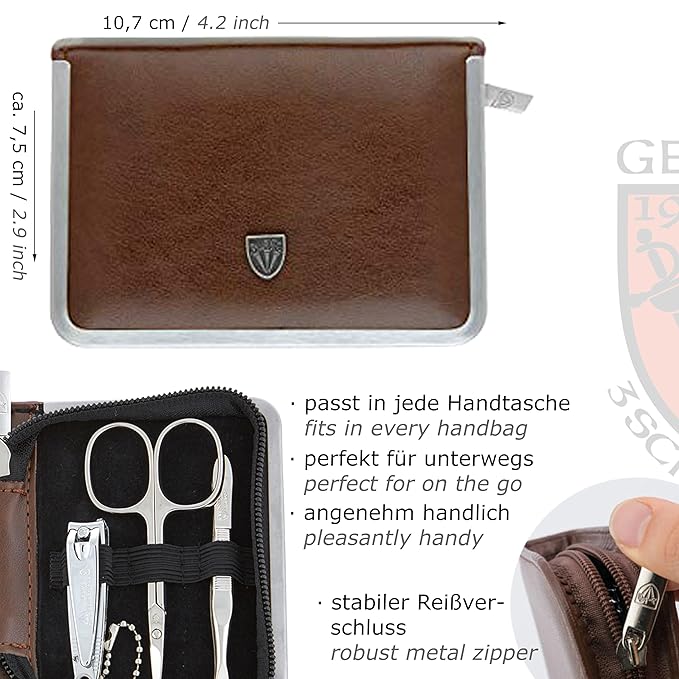 3 Swords Germany - brand quality 6 piece manicure pedicure kit set for professional finger & toe nail care with synthetic leather case - Made in Germany - brown