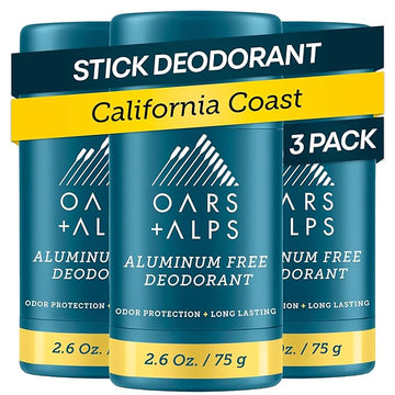 Oars + Alps Deodorant for Men & Women, Aluminum Free Deodorant for Men, Dermatologist Tested, Clean Ingredients, Vegan, Long Lasting, Odor Protection, California Coast, 3pk, 2.6oz